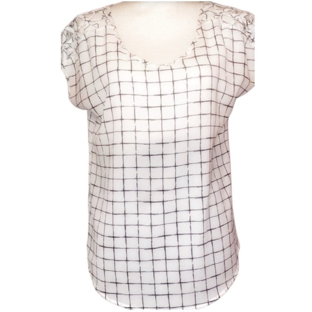 MINE Sleeveless Lightweight Blouse-Black/White-Windowpane Plaid Print SZ M - Picture 1 of 6